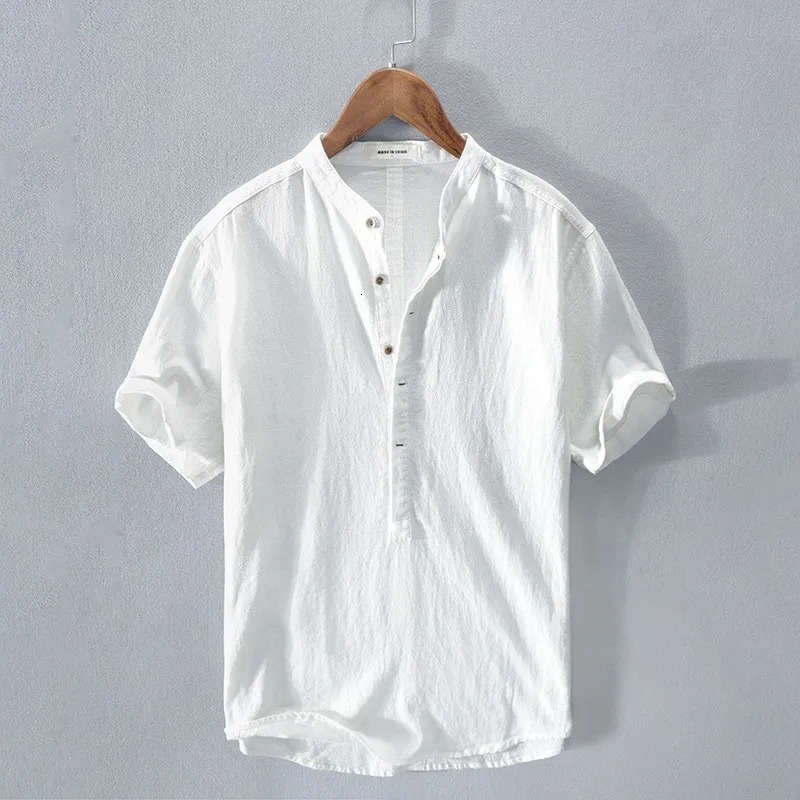 Cotton Linen Shirts for Men Casual Male Lightweight Short Sleeve Henley Beach Hawaiian T Mens top 260420BANJIA