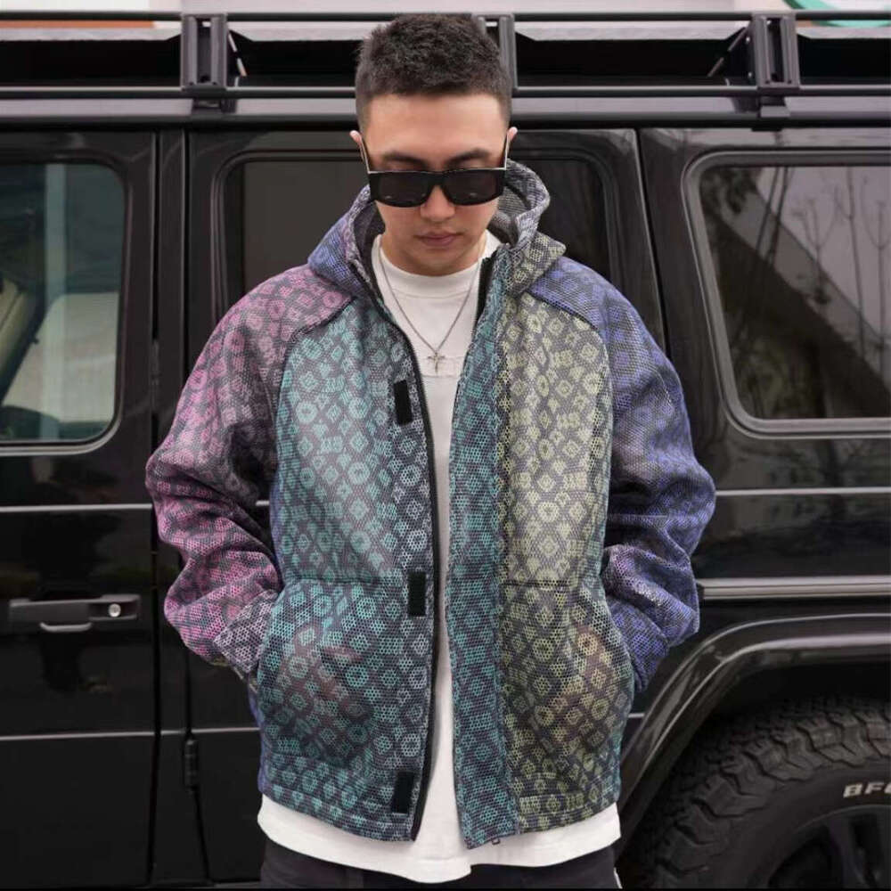 New DesignSpring Summer New 2026 Men Sun Protection Set Neon Gradient Mesh Personality Design Trendy Versatile Breathable Jacket Five-Point Pants