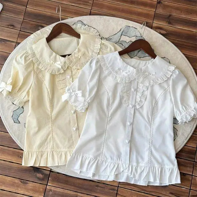 2026 Sweet Lolita Style Solid Blouse Women Short Puff Sleeve Ruffled Peter Pan Collar Shirt Bow Lace Trim Elegant Summer Top 260422BJ