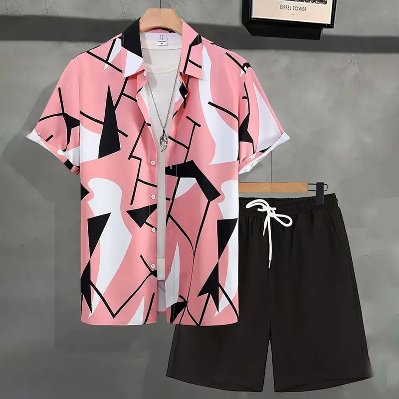 Mens Hawaiian Beach Vacation Shirt Short Sleeve Shorts Set Textured Printed 2Piece Casual Ventilated 260420BANJIA