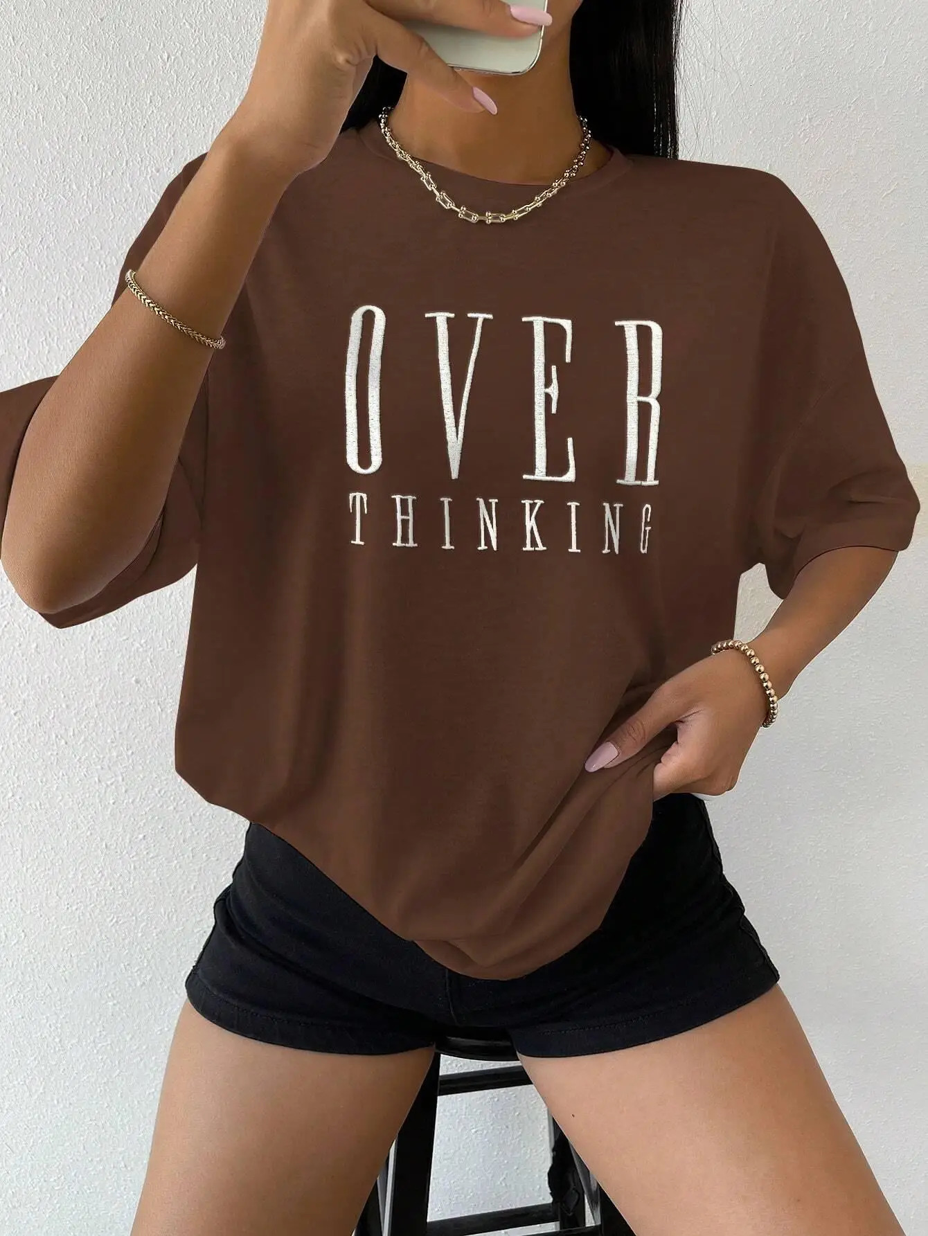 Over Thinking Letter Print Women Cotton Short Sleeve Breathable Vintage ONeck Tops Allmath Casual TShirts Female Tee Clothing 260420BANJIA