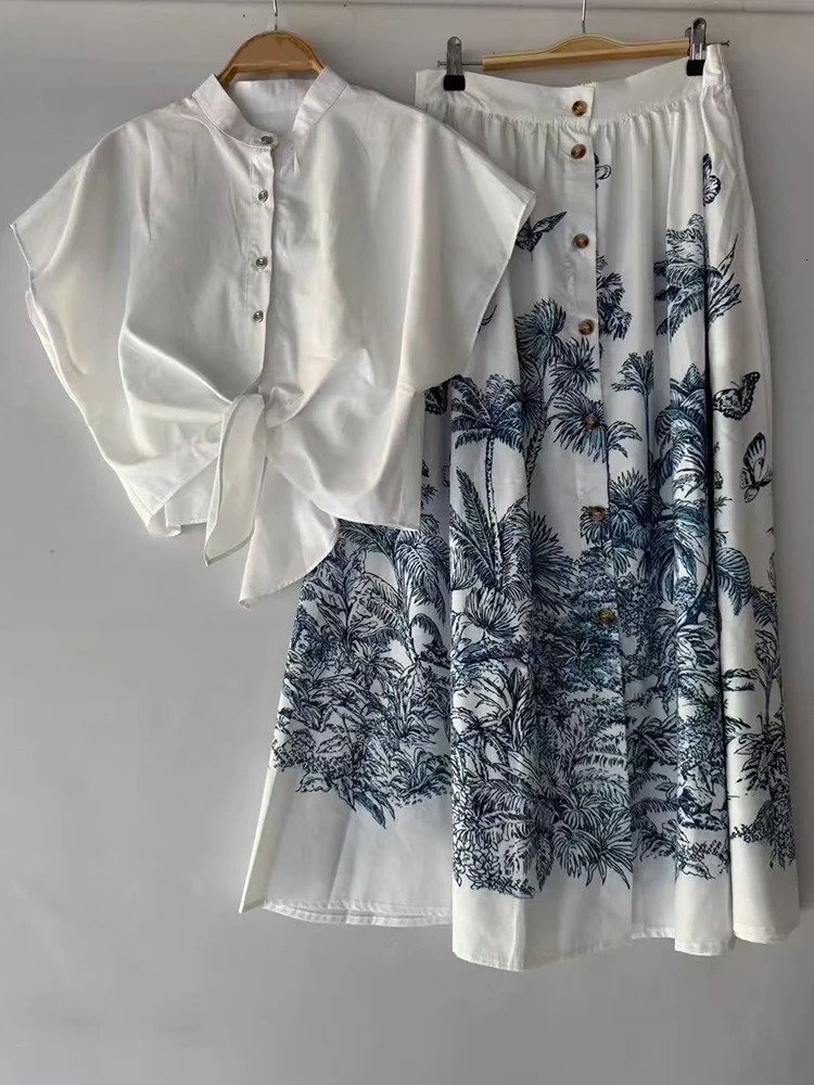 Retro printed womens suit lapel single-breasted hem lace-up shirthigh waist skirt summer temperament two-piece dress 260422BJ