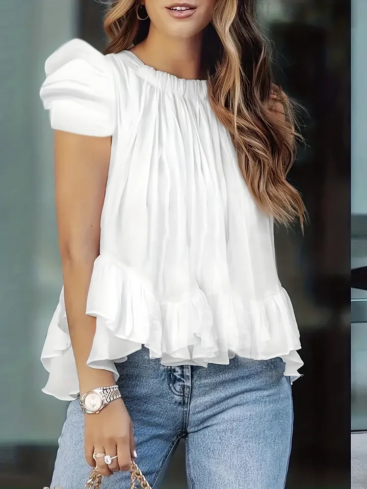 Plus size womens spring summer simple fairy style puff sleeves double hem round neck solid color versatile basic elegant top 260422BJ