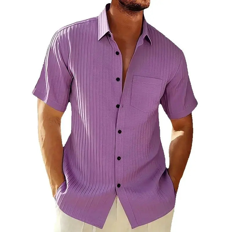 Mens Summer Fashion Striped Folds Short Sleeve Hawaiian Shirt Casual Solid Pocket Beach Holiday Shirts Stylish Daily Work 260420BANJIA