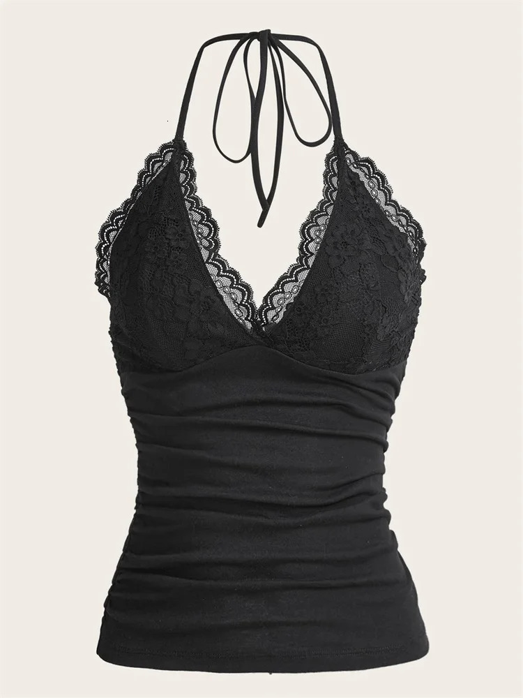 Goth Grunge Punk Black Lace Patchwork Halter Top Women Summer Solid Ruched Backless Sleeveless Tank Streetwear Y2K Clothes 260420BANJIA