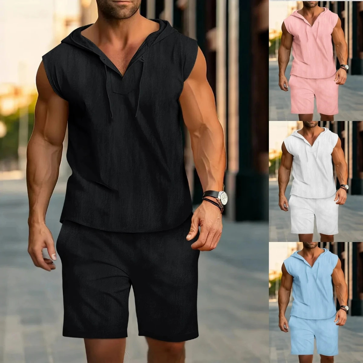 Mens summer casual hooded outfit comfortable and fashionable mens beach set solidcolor twopiece 260420BANJIA
