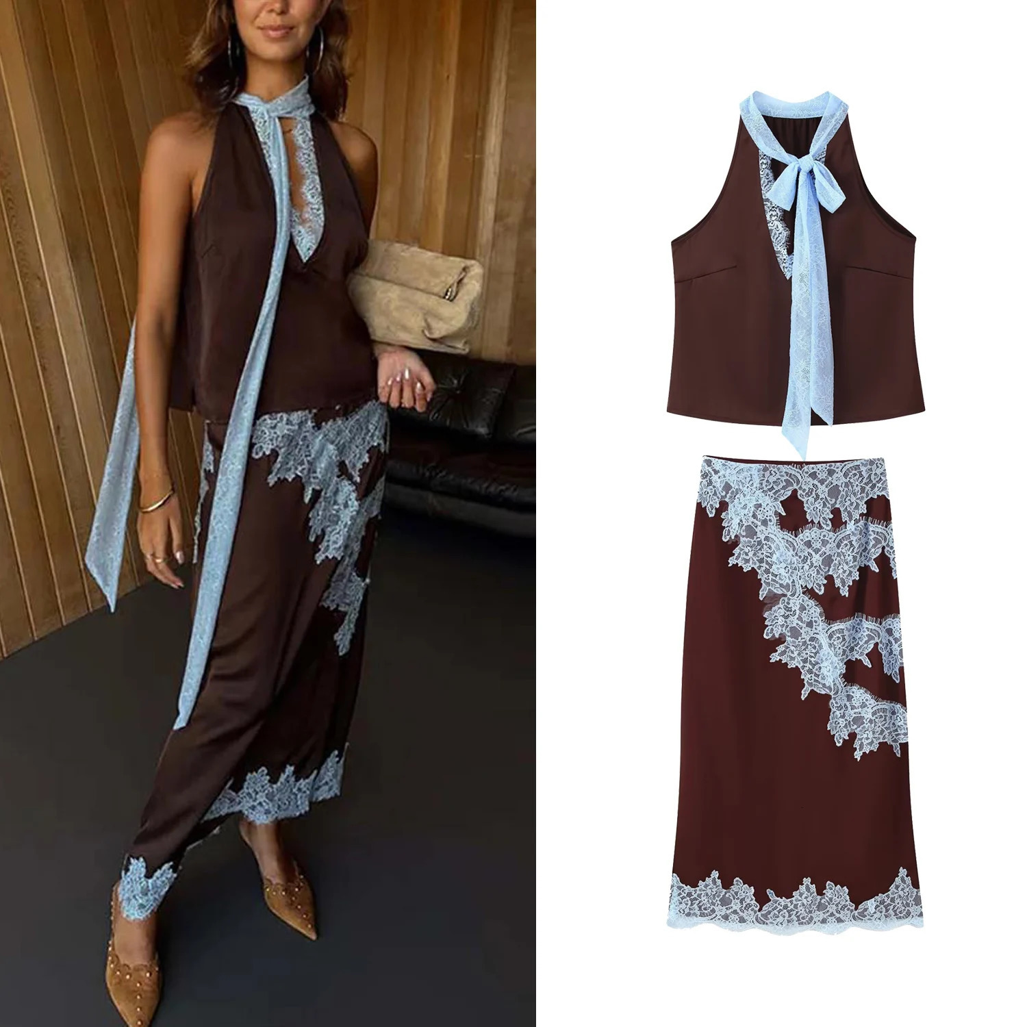 Women Spring Summer Sexy Lace Embroidery Splicing Skirt Set Female Elegant V-Neck Lace-Up Vest Top Or Lady Patchwork Skirt 260422BJ