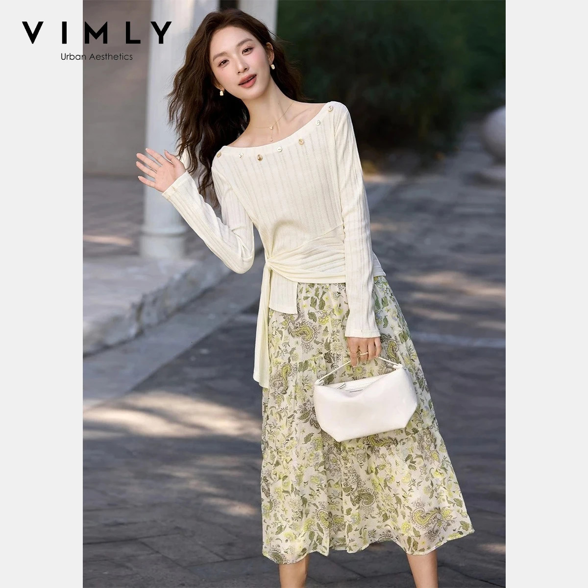 VIMLY Womens Knitted suit 2026 Spring Casual Slash Neck Shell Buttons Top Floral Print Midi Skirt set 2 piece woman 30571 260422BJ