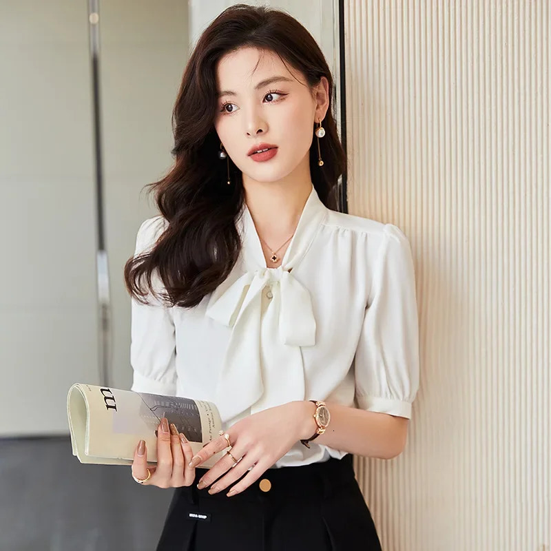 White Summer Short Sleeve Shirt Womens Thin Work Uniform Butterfly Knot Business Casual Fashionable Chinese Style Button up 260422BJ