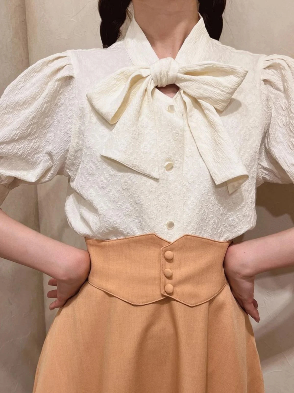Retro Sweet Embossed Rose Flower Bowknot Short Sleeve Shirt Four Colors Available Pure Color Japanese Style Womens 260422BJ