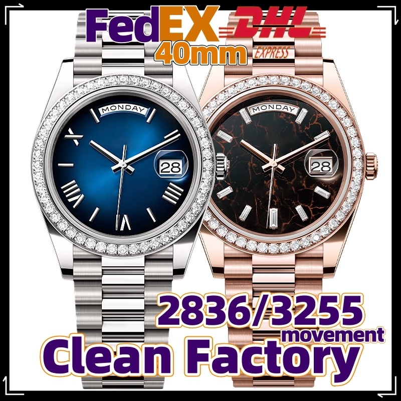 Clean Factory Day Date Diamond Watch Montre pour homme Montres de créateur 40MM TOP Cal.2836/3255 mouvement Automatique Mécanique 70 heures de ré
