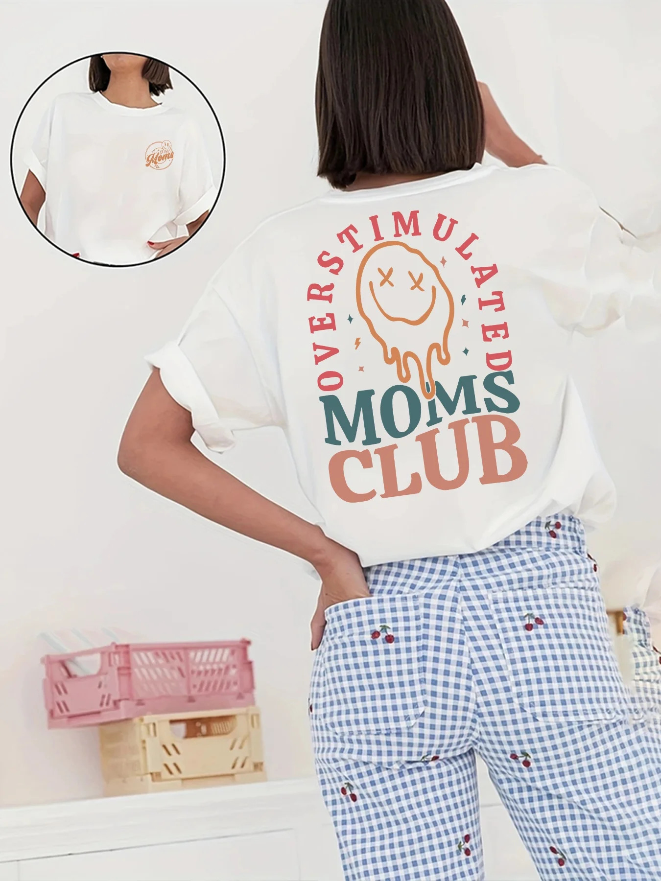 Overstimulated Moms Club Retro Drip Smile Graphic TShirt for Women Front Back Printed Crew Neck Short Sleeve Casual Top 260420BANJIA