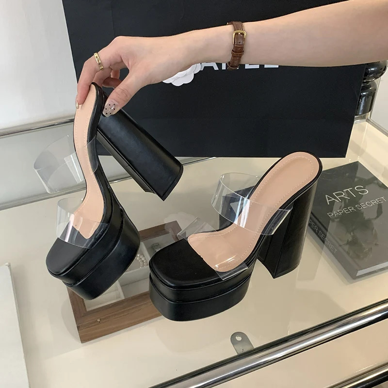 M Silver Squre Tote Heel with high Platform Solid Colored Fashionable Waterproof Summer Slippers Flat Transparent Strap Sandals 260422BJ