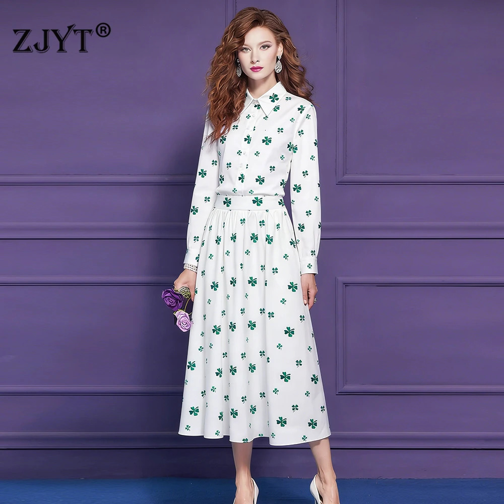 ZJYT Spring Summer 100 Cotton Dress Sets Blouse with Skirt Suit 2 Piece Clothing Sets Women Print Holiday Casual Outfit Lady 260422BJ