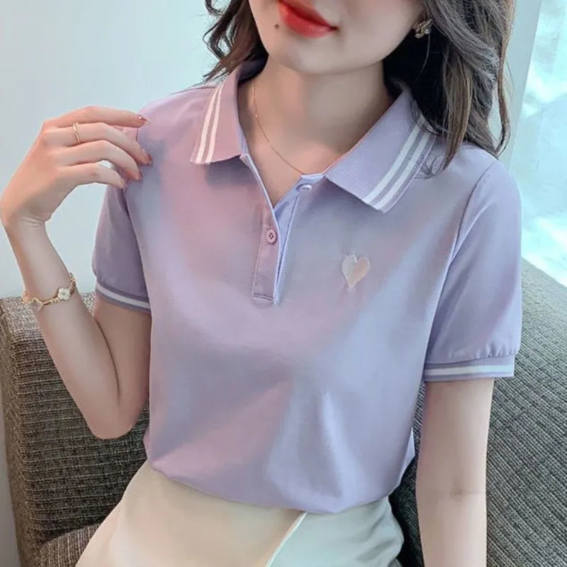 Polo Neck Shirt for Women100 Cotton Woman T Embroidery Button Graphic Slim Korean Clothing Trend 2025 Youthful Elegant Style 260420BANJIA