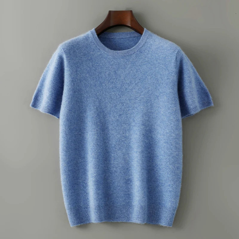 Spring and summer 100 pure cashmere knitted Tshirt mens round neck short sleeved pullover loose solid color top 260421banjia
