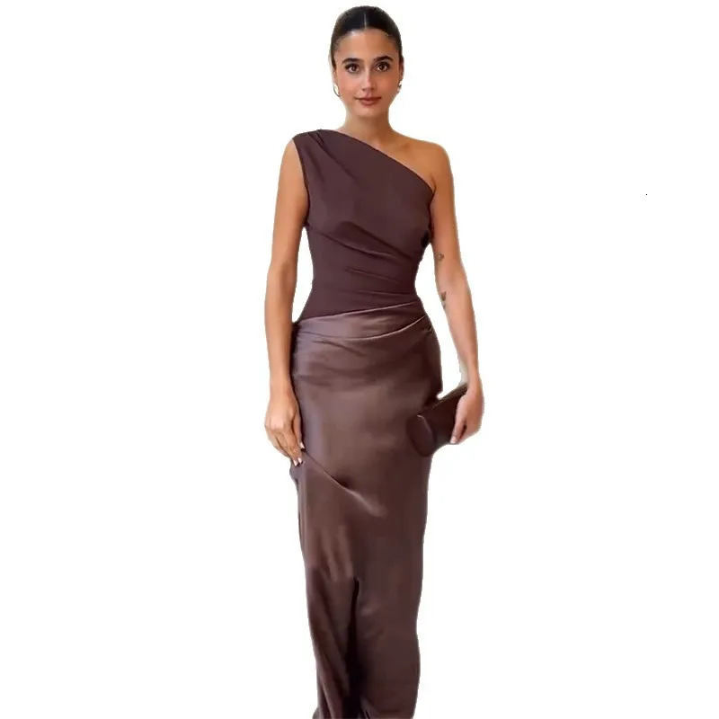 2025 One-shoulder Satin Sexy Sleeveless Maxi Dress Women Fashion Patchwork Slim Dress Female Elegant Evening Party Robes 260422BJ