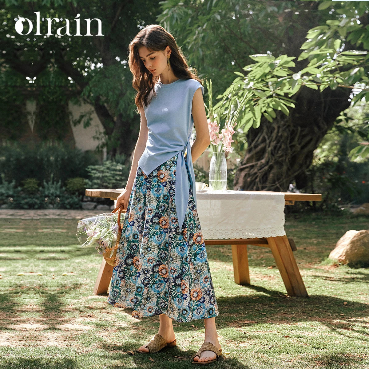 OLrain 2 Piece Sets Woman Vacation Outfits 2026 Summer Fashion Floral Skirt Blue Strap-on Top Set Womens Clothing SetO57XE99629 260422BJ
