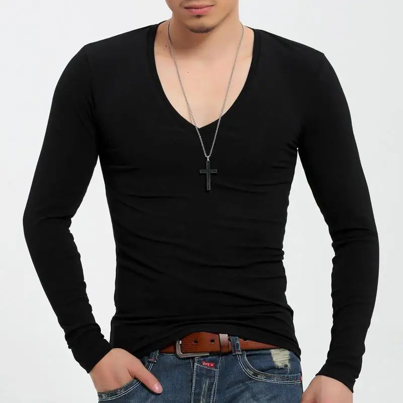 Fashionable oversize Mens Long Sleeve T-Shirt with V-Neck and High stretch Slim Fit Golf Lycra Fabric top 260422BJ
