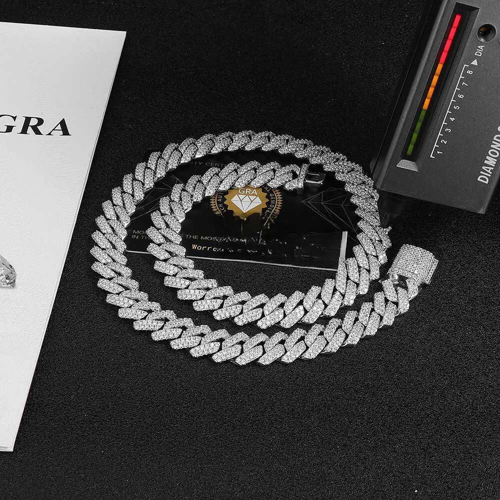 necklace moissanite chain cuban link men 14mm wide inlaidpass diamond tester iced out Miami 925 Sterling Silver Fine designer jewelry