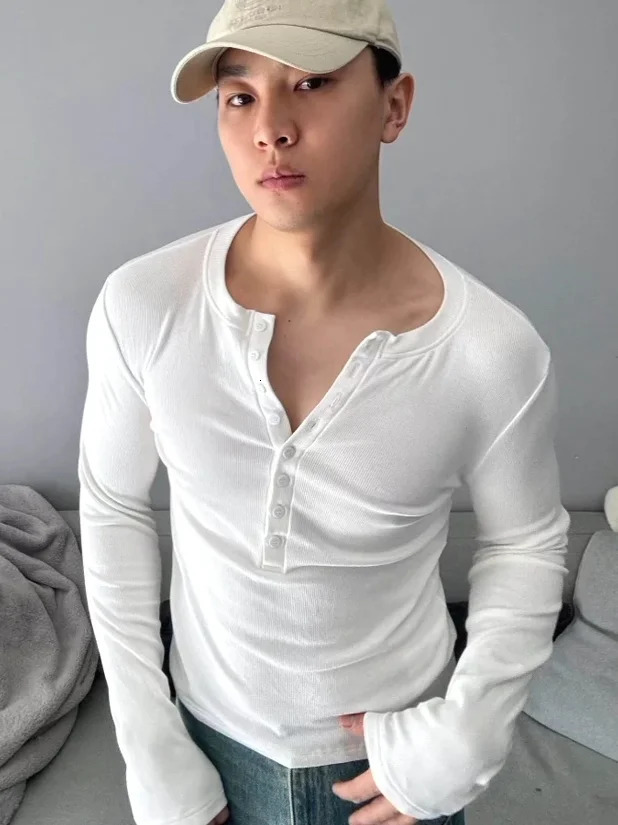 Korean Sports Henry Neck Long-sleeved T-shirt Mens High-end Deep V-neck Top Elastic Slim-fit Striped POLO Shirt 260422BJ