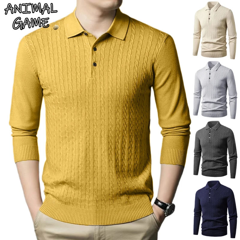 Animal Game Mens Casual T-shirts V Neck Sweater Lapel Knitwear Button Polo Shirts Ribbed Pullover Sweatshirts Mens Cold Blouse 260422BJ