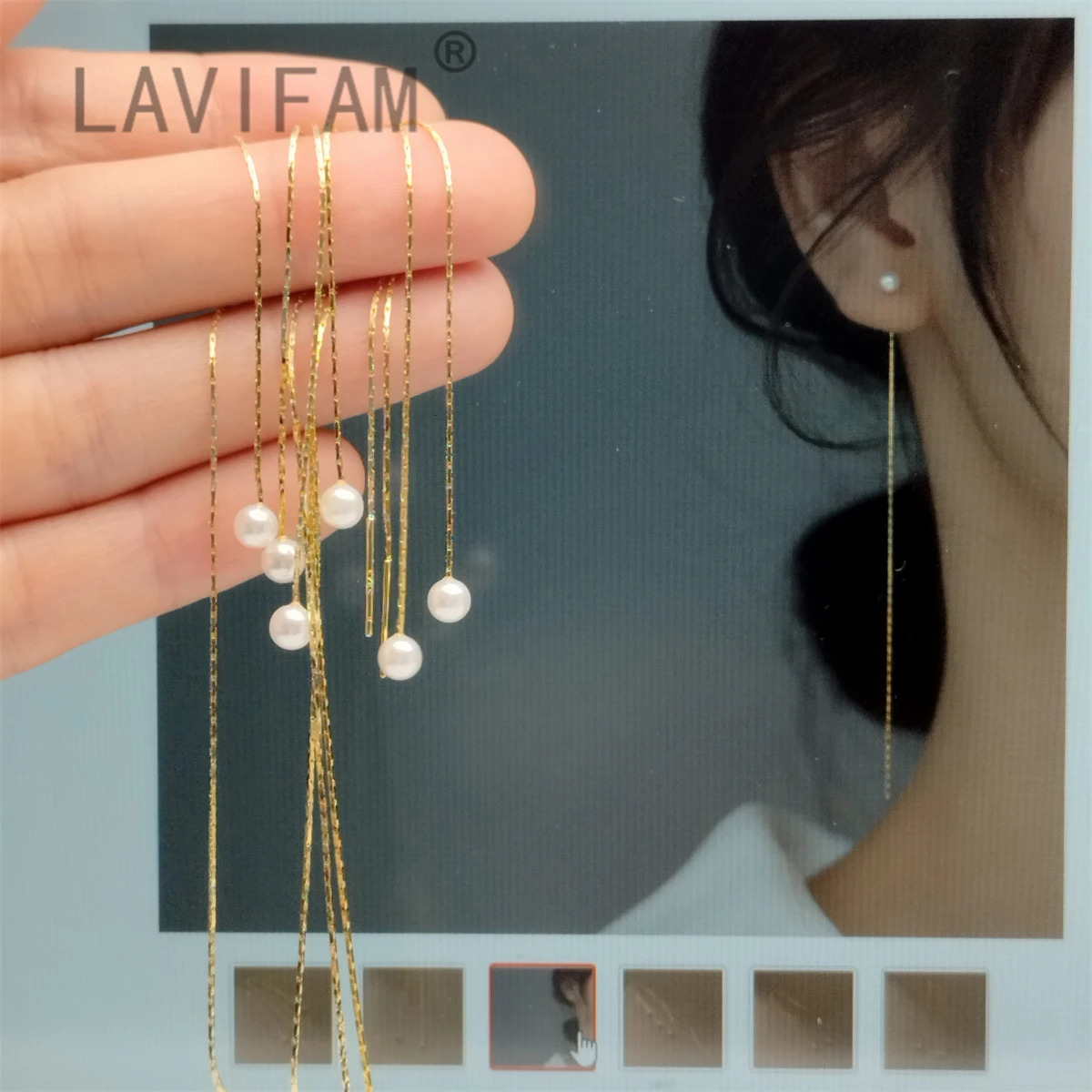LAVIFAM 925 Sterling Silver Small Synthetic Pearl Long Tassel Ear Line Thread Retro Womens Chain Earrings Jewelry 260422BJ