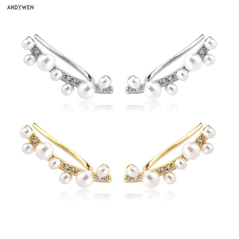ANDYWEN 925 Sterling Silver Line Pearl Climber Thread Ear Bar Stud Earring Piercing Stud y Pearl Wedding Jewelry 260422BJ