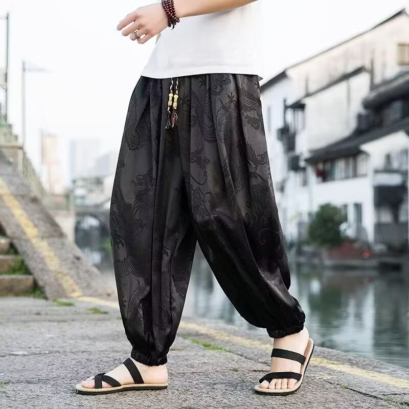 Chinesestyle ice silk dragon pattern jacquard cropped pants for men summer thin style cuffed wideleg lantern loose long 260423banjia