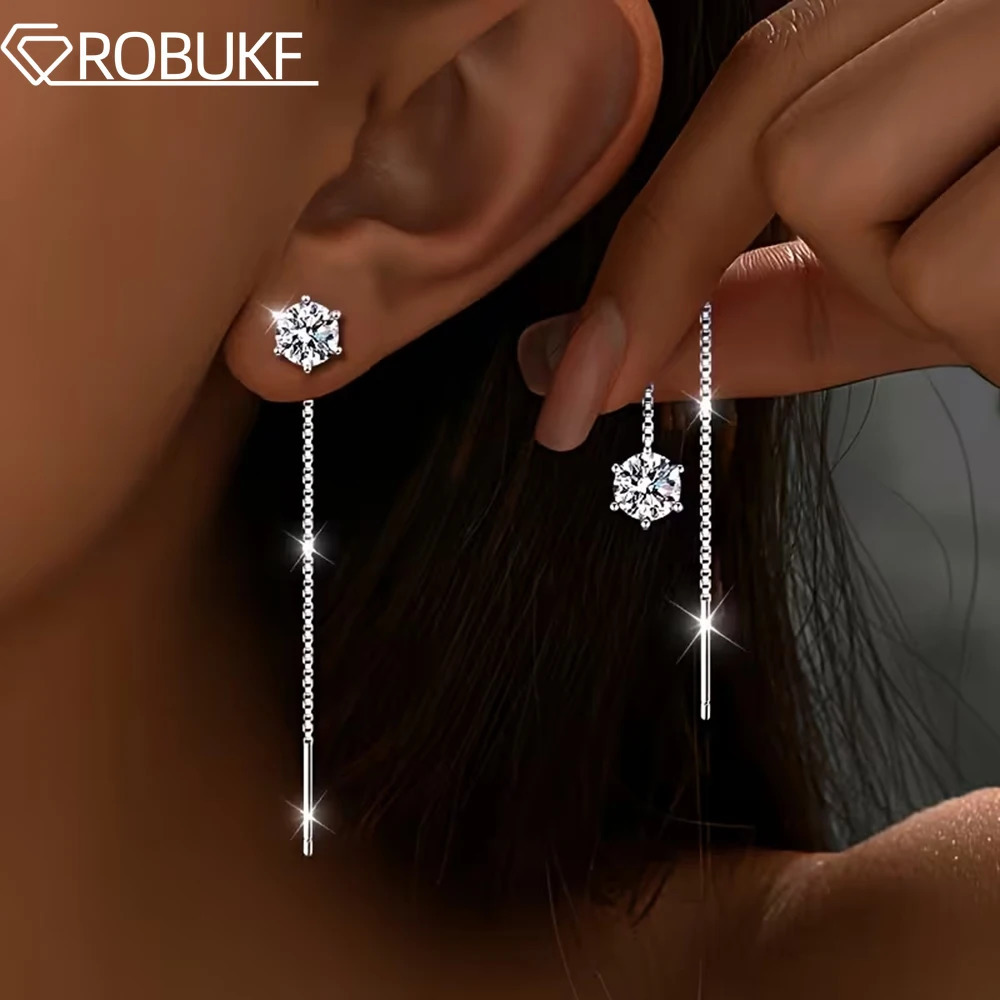 5/65mm Round Diamond Tassel Long Threader Earrings For Women Classic Six-Claw Ear Wire 925 Sterling Silver Jewelry 260422BJ