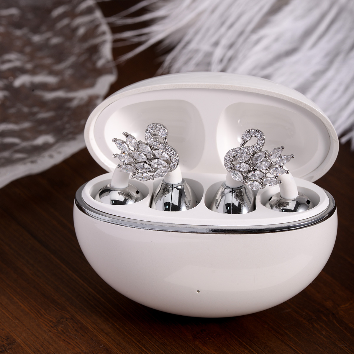 luxury brand designer fulldiamond dayold swan headphones with diamond clasps ear hooks small chic sweet highend decorative accessory for women