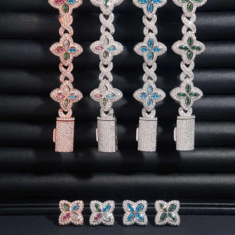 Hip Hop Sier 18MM Width Colored Clover Moissanite Bracelet with Earrings Custom Iced Out Fine Jewelry Sets for Men Women aaa