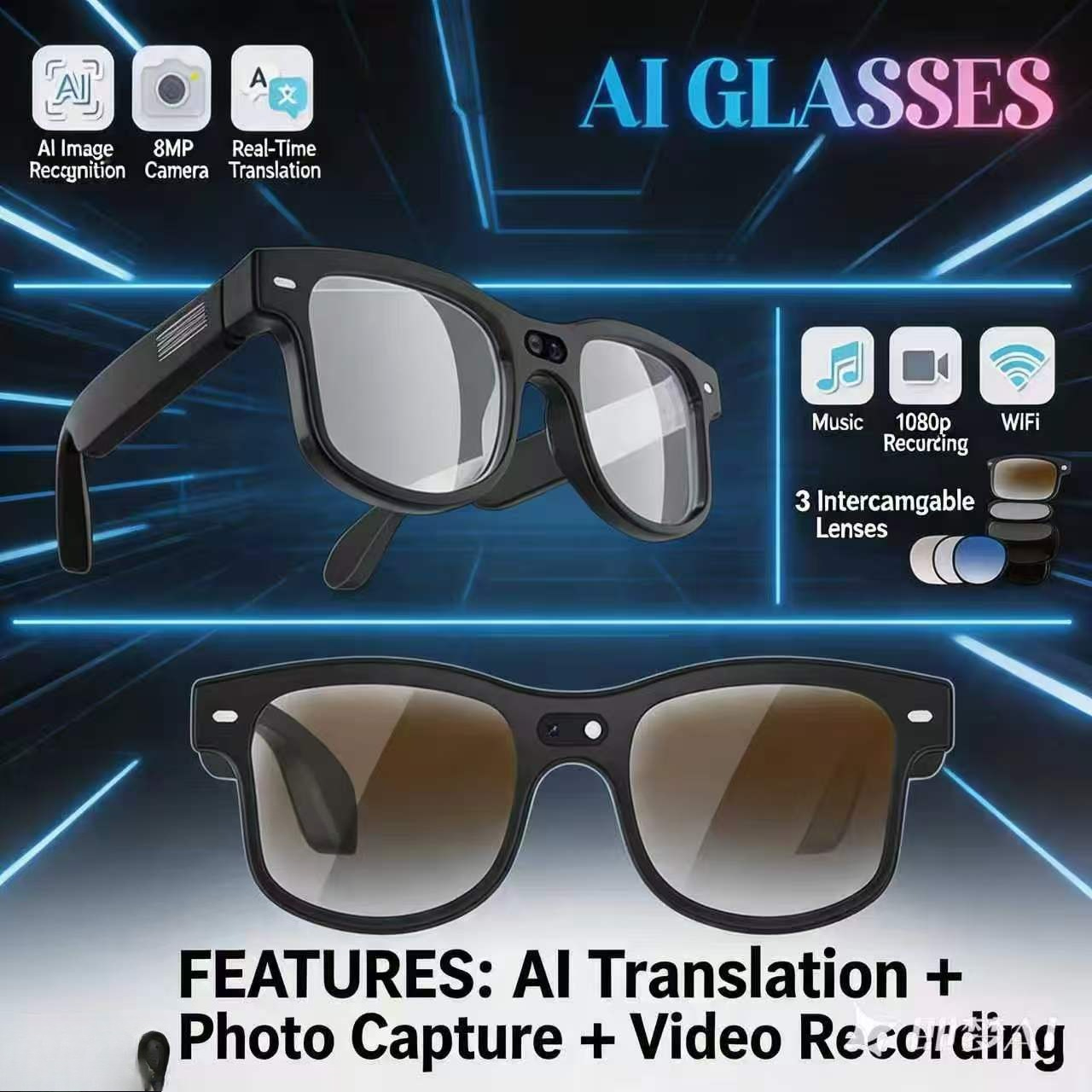 Smart glasses with 800W pixels for photography 1200P video recording connect to APP Bluetooth call, music,, AI simultaneous translation, hot-sell-image-1103308843