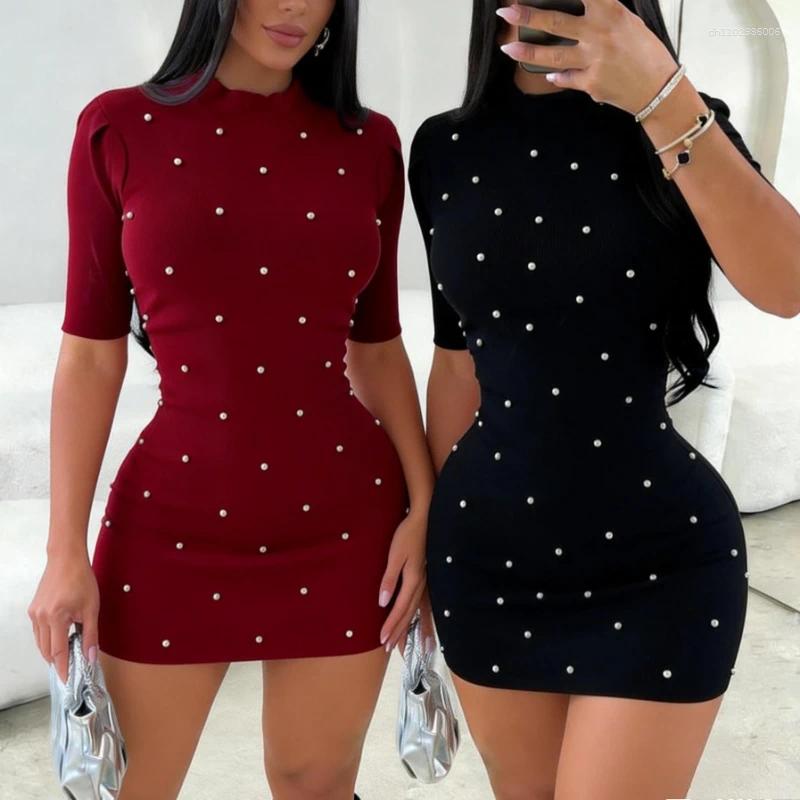 Casual Dresses Women's Burgundy Red Sundress Short Sleeve Rhinestone Embellished Stretchy Ribbed Knit Bodycon Mini Dress Y2K Clubwear