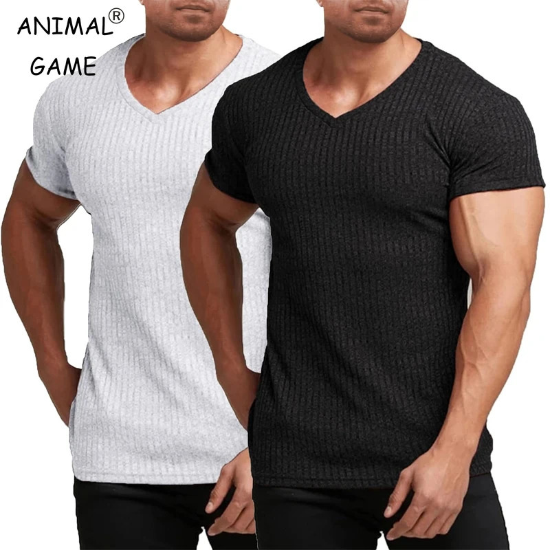 Summer Mens Short Sleeve V Neck T Shirts Bodybuilding Workout Stretch TShirts Ribbed Knit Muscle Lightweight Breathable Shirt 260422BJ