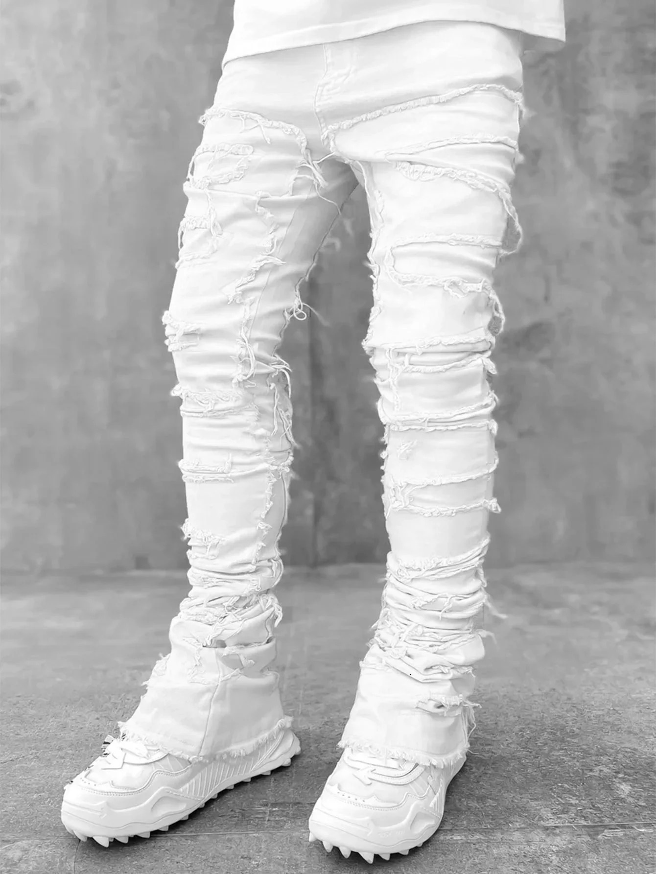 White Men's Slim Fit Stacked Patchwork Tassel Jeans Full Length Distressed Ripped Denim Pants