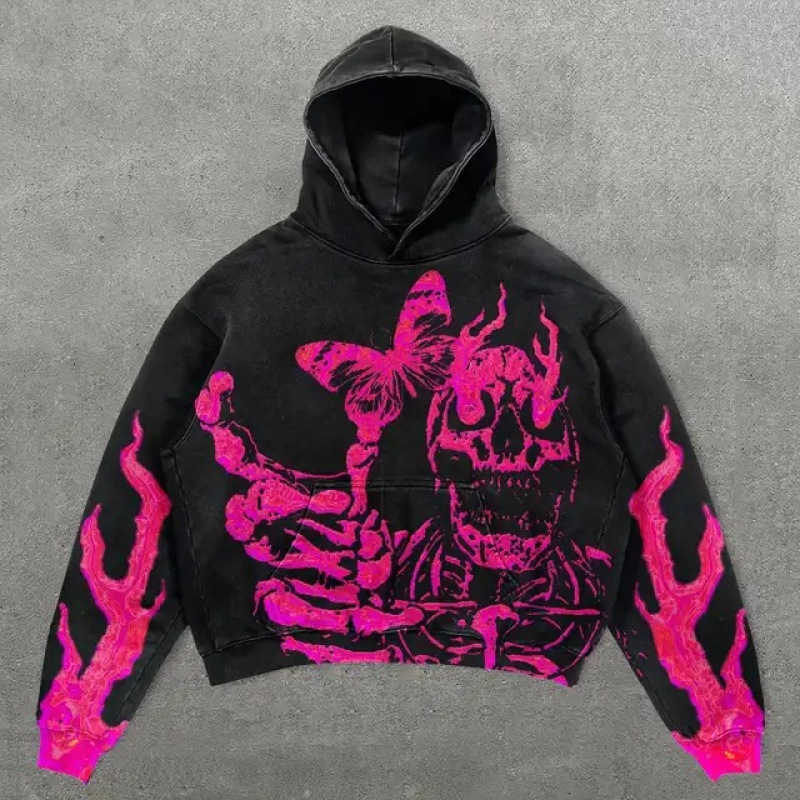 Streetwear skull graphic t-shirt with 3D digital printing for casual and relaxed fit, featuring a loose-fitting hood.T251028