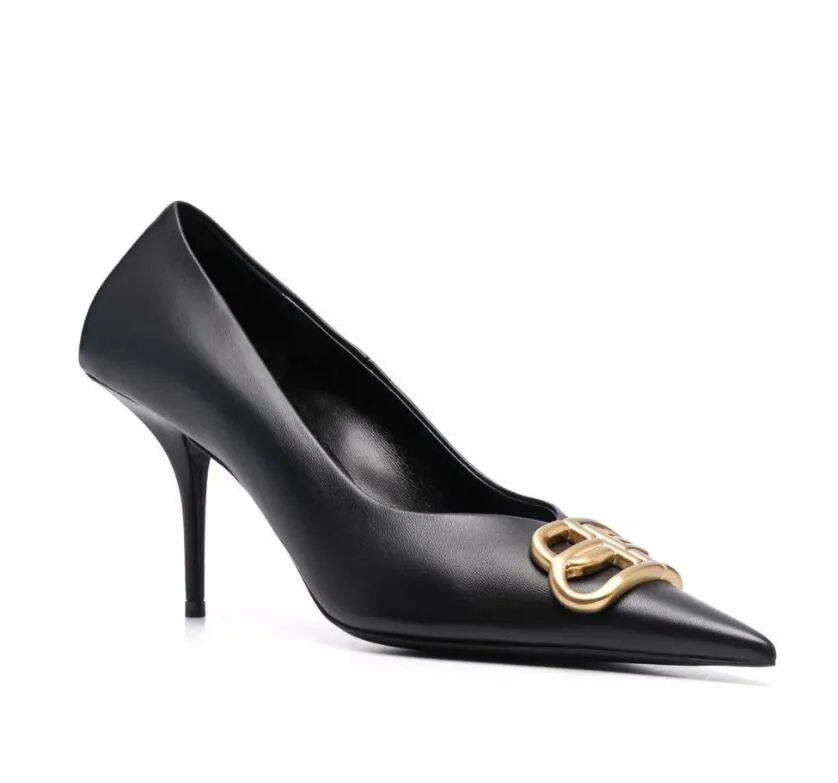 Designer Woman sandal low heels Knife pumps logo-plaque pumps square pump Wedding party dress high heels pointed toe with box