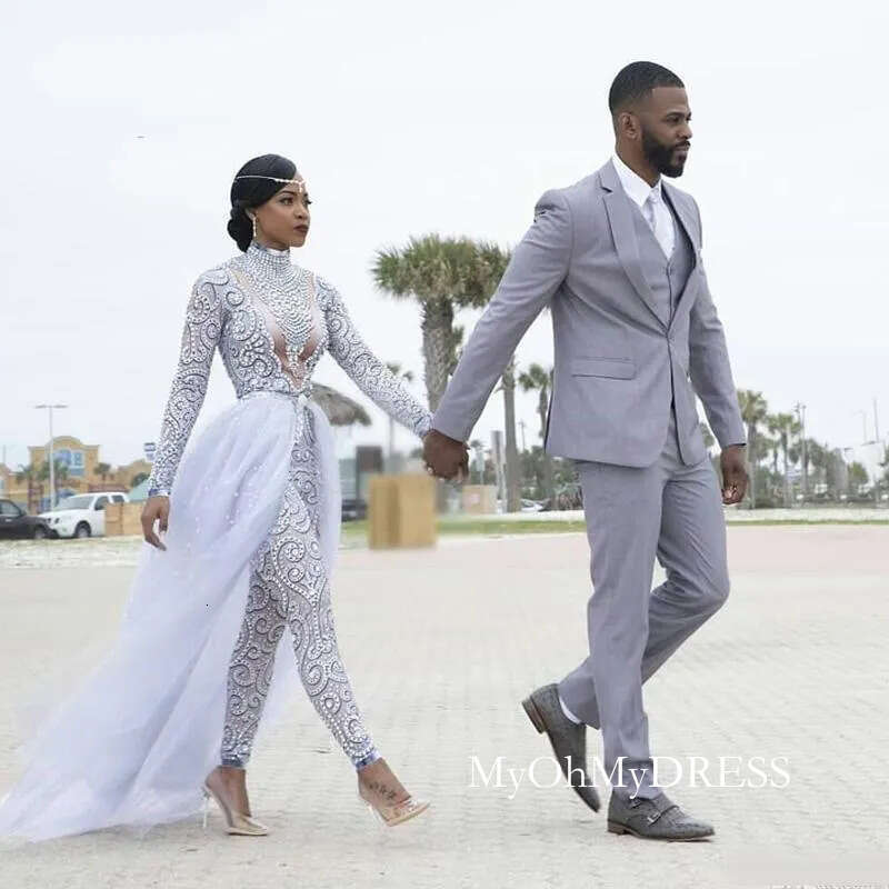 Wedding Dress Gorgeous Jumpsuits With Detachable Train High Neck Beads Crystal Long Sleeves Modest Dresses African Bridal Gowns Y423