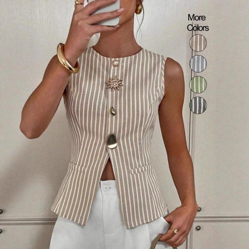 Gilet de costume rayé pour femmes, haut sans manches, col en v, à la mode, nouvelle collection automne 2025, 240726