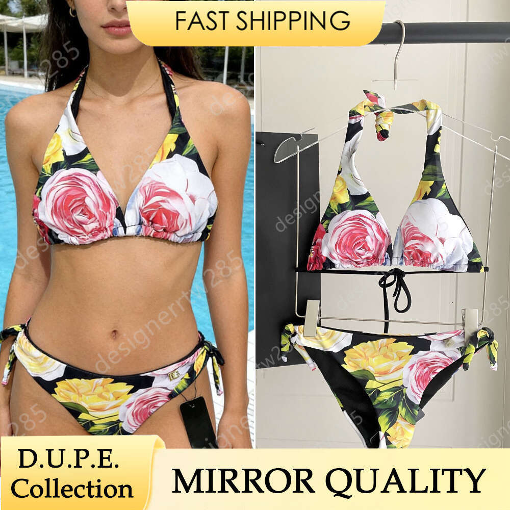 Luxury Rose Flower Bikini Set Red Floral Print Swimwear Black Background Women Designer Two Piece Bathing Suit Triangle Sexy Swimsuit-image-1103288622