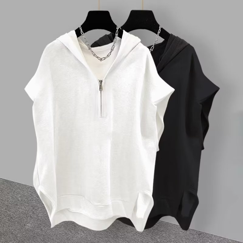 Solid color zippered hooded sleeveless tshirt for men summer ins Korean style trendy versatile stylish casual loose vest 260423banjia