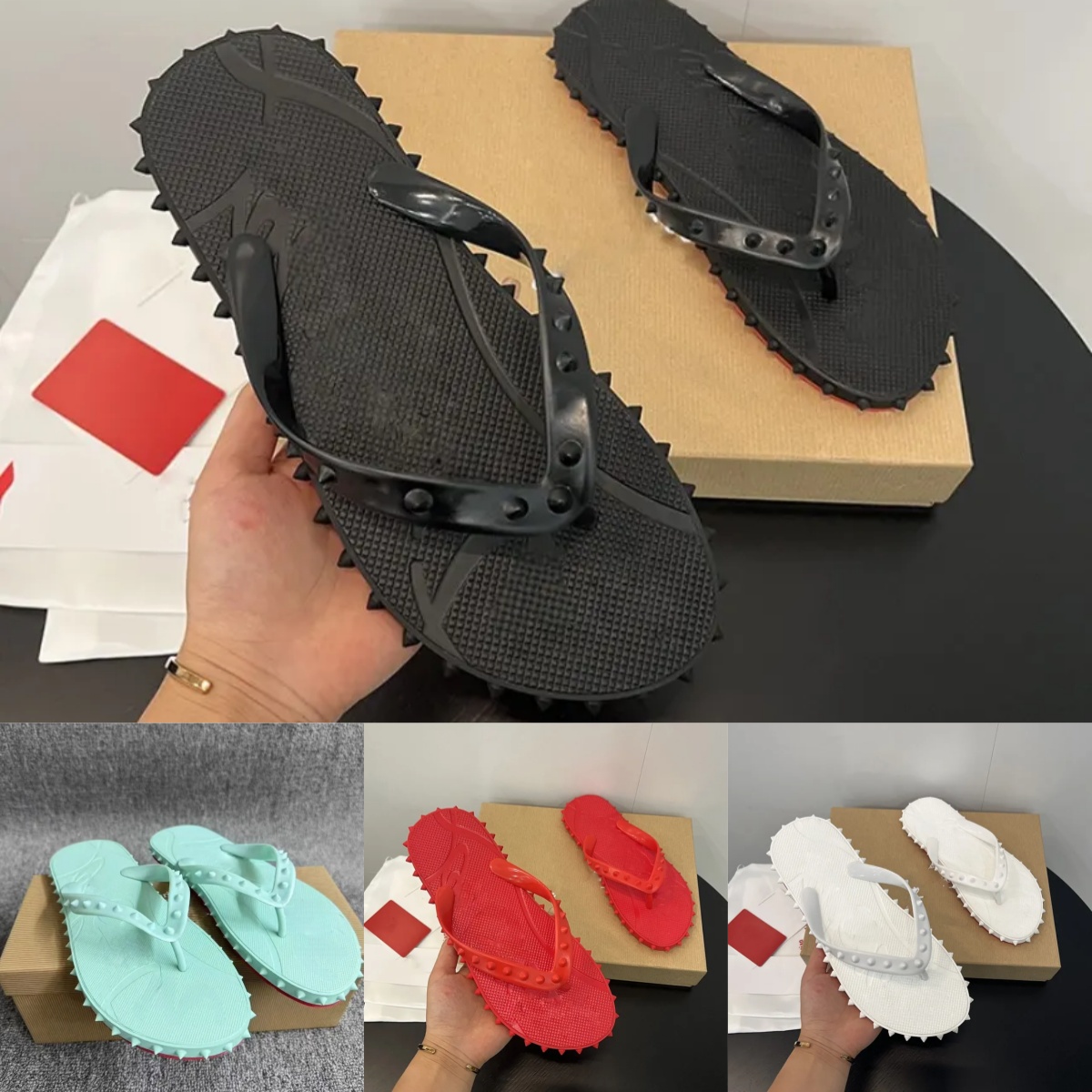 Luxury Fashion Red Rivets Flip Flops Men Women Premium Leather c Designer Beach Sandals Summer Casual Flat Shoes Comfort Sneaker Bottom 36-46