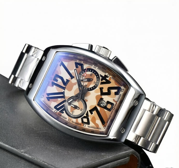 Vanguard Men Watch Luxury Tonneau Case Chronograph Sports Watch Green Camouflage Dial Date Display Steel Band Quartz Wristwatch Fashion Casual Business Clock 75$