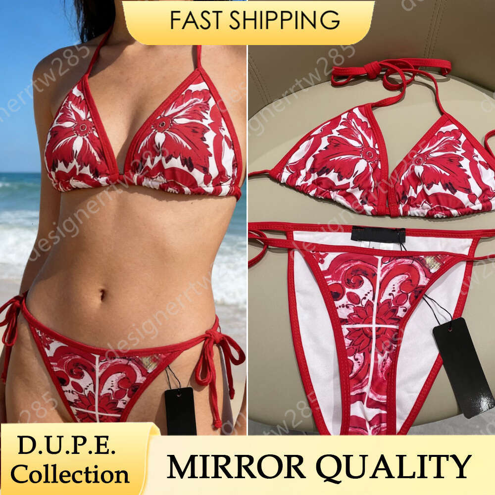 Luxurys Designers Swimwear Women Red Floral Majolica Print Bikini Set Sexy Triangle Bathing Suits Halter Neck Beachwear Two Piece Suit with Metal-image-1103288717