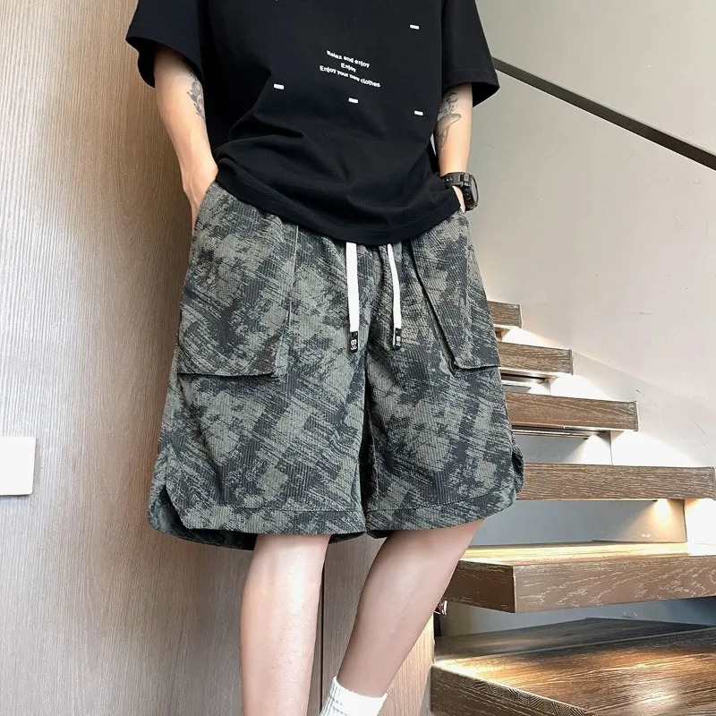 Mens Black Textured Cargo Shorts Drawstring Waist Loose Fit Multi Pocket Casual Summer Streetwear Shorts 260422BJ