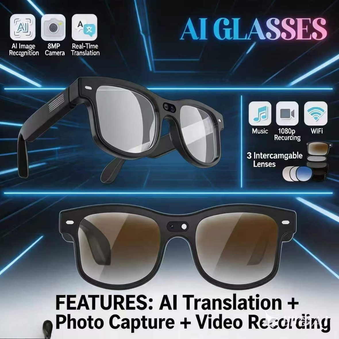 AI Smart glasses with 800W pixels for photography 1200P video recording connect to APP Bluetooth call, music,, AI simultaneous translation, hot-s-image-1103309776