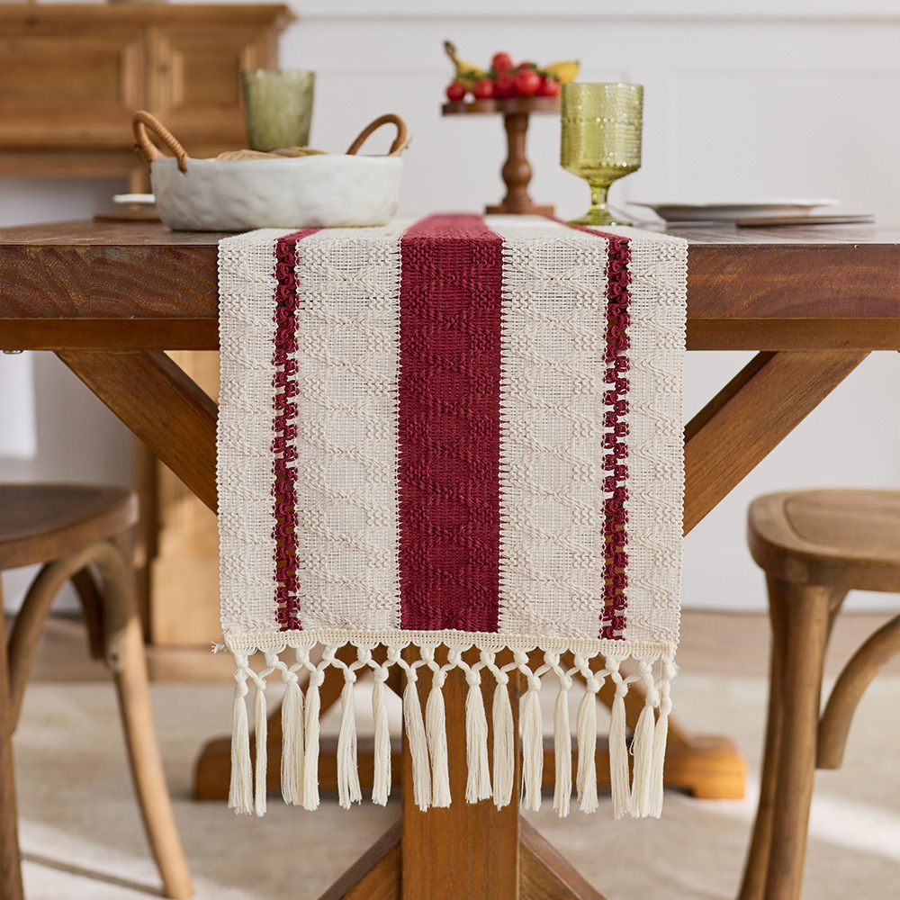 Table runner with tassels, cotton openwork, red country farmhouse Christmas tablecloth, coffee table cloth.B7VW01-image-1103245867
