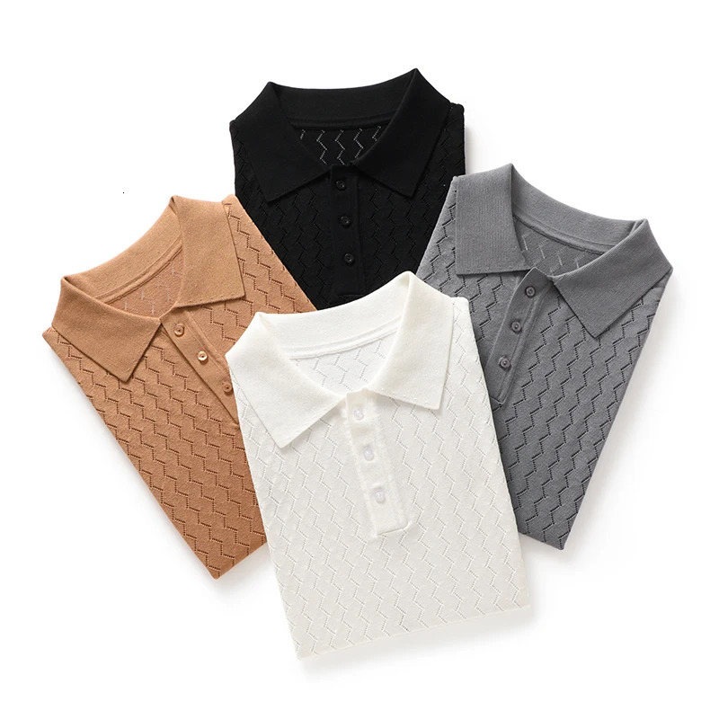 MVLYFLRT Mens T-Shirt Top Mulberry Silk Breathable Knit POLO Shirt Business Casual Lapel Hollow Short Sleeved Summer Shirt Thin 260422BJ