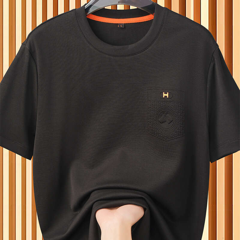Light Luxury Spring-Summer Thin Cool-Touch Tencel Round-Neck Printed Letter T-Shirt For Men, Slim-Fit With Embossed War Horse Design, Short-Sleeved
